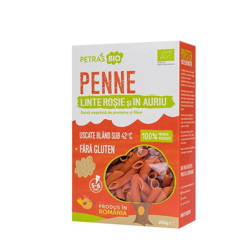 Penne eco din linte rosie si in auriu